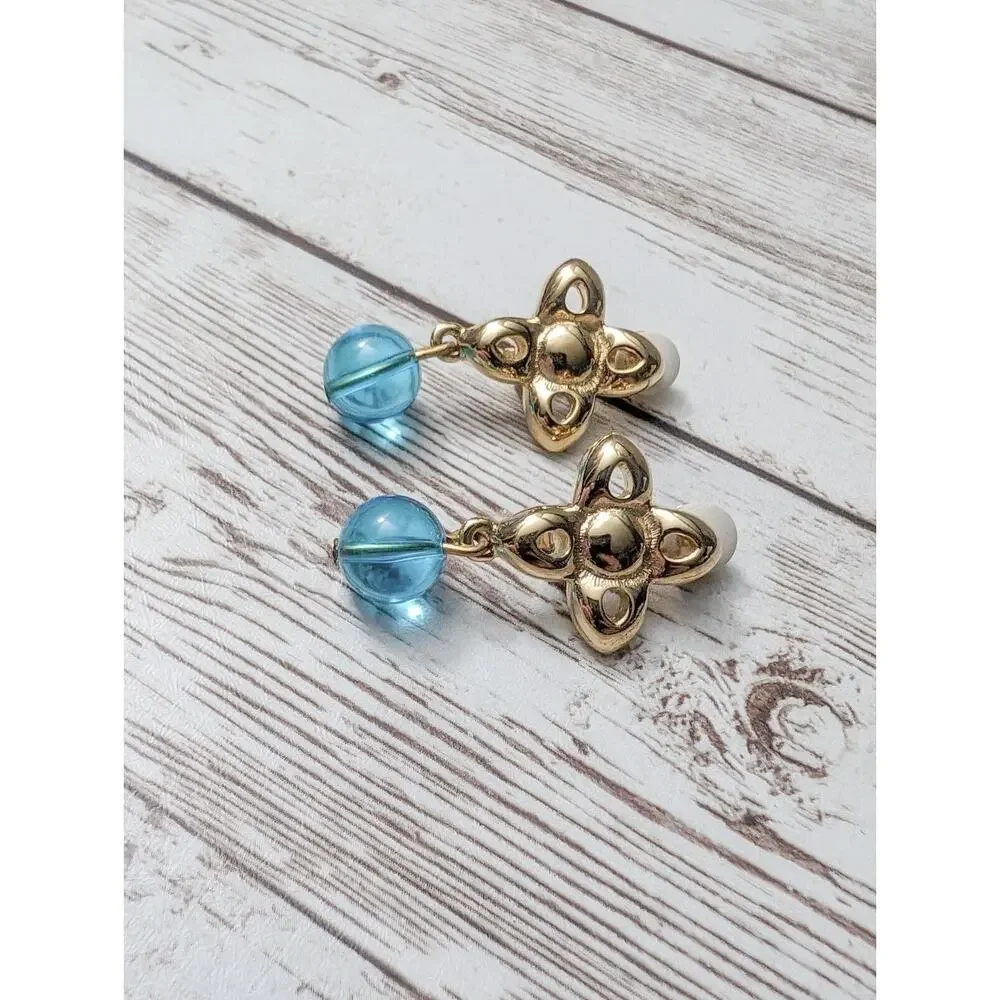Vintage Givenchy Clip On Earrings - Gold Tone & Blue Dangle